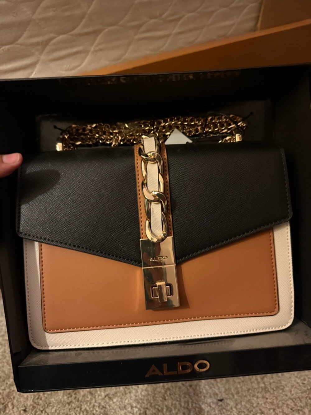 Aldo Colorblock Chain Shoulder Bag in Black, Tan & Cream